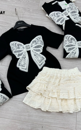Set Bộ Nữ Áo Váy Nơ Thêu Đính Ngọc Nổi Mix Chân Váy Ren Tầng